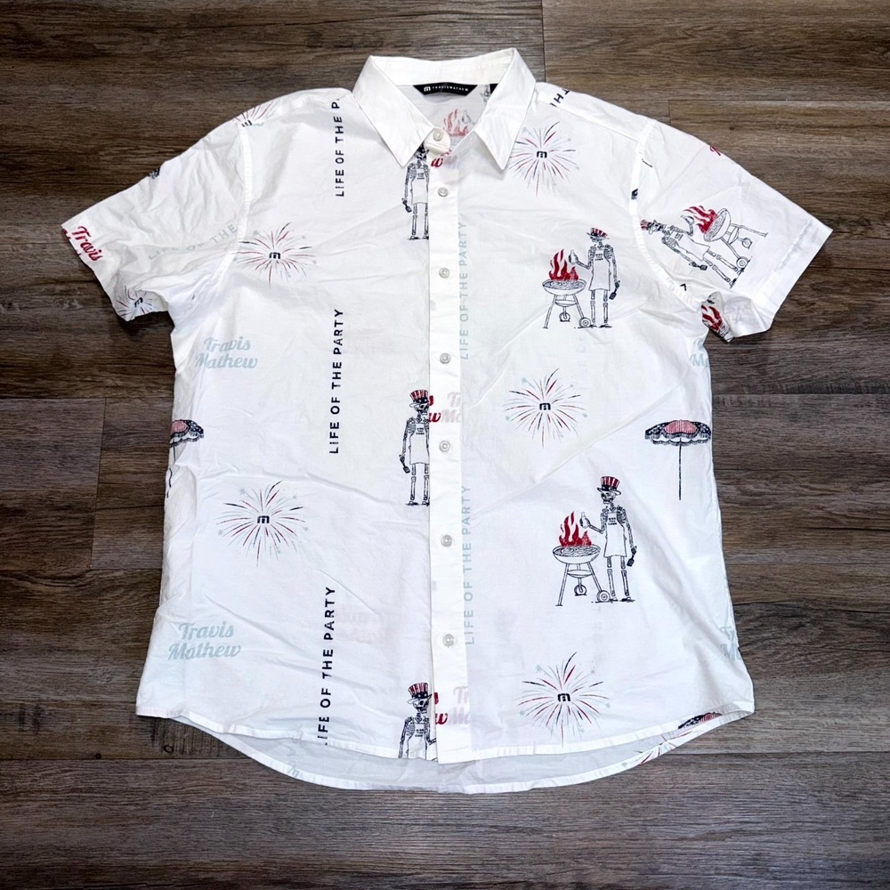 Travis Mathew White Fourth Fest Button-Up Mens L "Life of the Party" Print